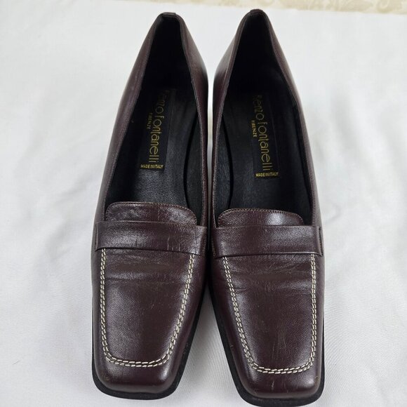 Renzo Fontanelli Firenze Size 7.5 Brown Leather Slip On Heeled Shoes Square Toe - Picture 6 of 14